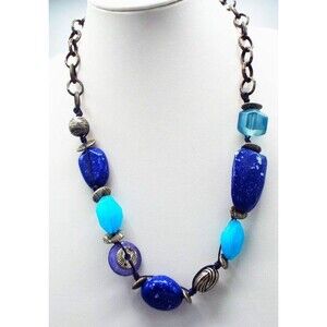 Chico's Faux Lapis Resin Turquoise Antiqued Chain Necklace 27.5"